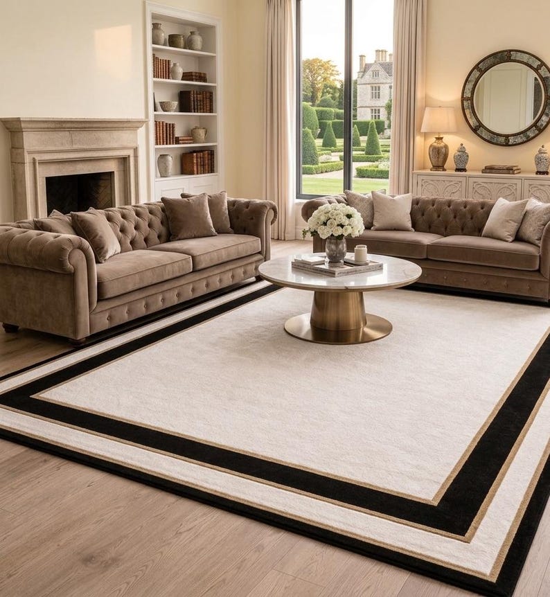 Alfombra moderna color marfil con borde negro, alfombra de lujo para sala de estar, estilo tejido a mano. imagen 3