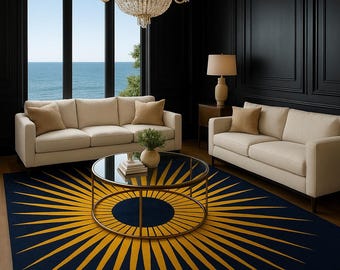 7x10ft Handmade Tufted Rug Navy Blue Gold Sunburst Rug Modern Luxury Area Rug Geometric Designer Carpet Living Room Decor, 8x10ft, 8x11ft