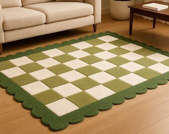 Handmade Green Checkerboard Tufted Rug, Scalloped Edge Area Carpet