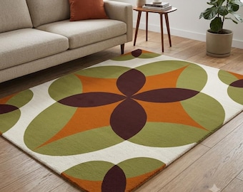 Retro Floral Area Rug, Mid Century Modern, Olive Green Orange Burgundy, Boho Home Decor