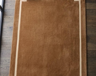 Brown Geometric Wool Area Rug, Minimalist Border Design, Modern Living Room Decor