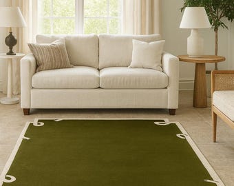 Handmade Tufted Wool Rug, Olive Green Minimalist Area Carpet, Modern Living Room Home Decor