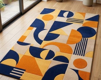 Abstract Geometric Tufted Rug, Navy Orange Cream Mid-Century Modern Home Decor