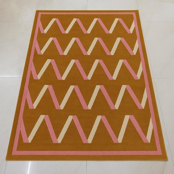 10x13ft Handmade Tufted Rug Modern Zigzag Geometric Carpet Mustard Pink Area Rug Boho Living Room Bedroom Decor Gift, 10x14ft