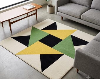 Handmade Geometric Wool Rug, Abstract Black Green Yellow, Contemporary Living Room (Custom Sizes)