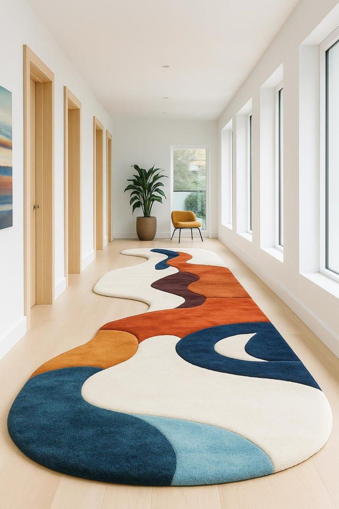 Unique Shape Runner Rug Handmade Tufted Runner Rug, Abstract Wavy Hallway Rug, Modern Long ...
