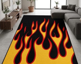 Flame Rug, Black Red Yellow Statement Carpet, Modern Living Room Bedroom Home Decor