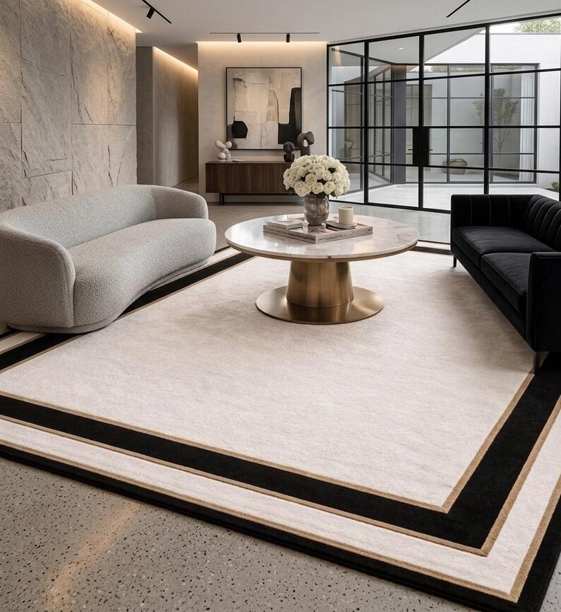 Puede incluir: Una alfombra rectangular grande con un centro color crema, un borde ancho negro y una fina franja dorada. La alfombra est&aacute; colocada sobre un suelo moteado entre un sof&aacute; curvo de color gris claro y un sof&aacute; negro con una mesa de centro.