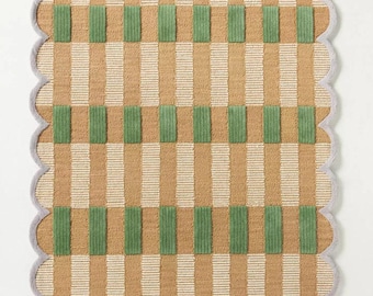 7x10ft Matilda Plaid Green Hand Tufted Wool Rug, Modern Scallop Design Rug For Living Room, Bedroom, Office, Kids, Nursery, 8x10ft, 8x11ft