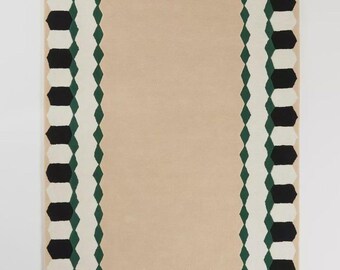 Handmade Tufted Rug, Beige Green Border, Modern Geometric Runner, Minimalist Living Room Carpet