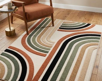 Abstract Geometric Area Rug, Sage Green Terracotta Boho Living Room Carpet