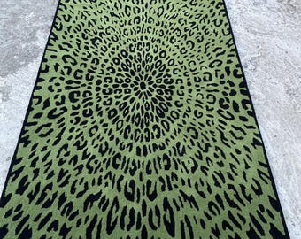 Handmade Wool Green Black Leopard Print Rug, Radial Medallion, Boho Decor