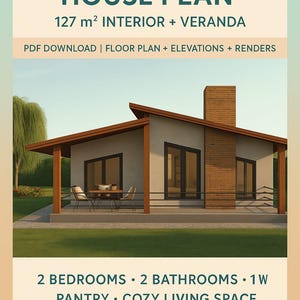 Modern One-Story House Plan –2 Bedroom- 2 Bathroom- PDF & DWG