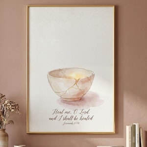 Impresión de Jeremías 17:14, Sáname Señor, acuarela Kintsugi, arte mural de sanación cristiana