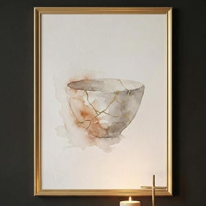 Kintsugi Bowl Watercolor Print, Christian Wall Art, Japanese Broken Pottery, Psalm 34:18