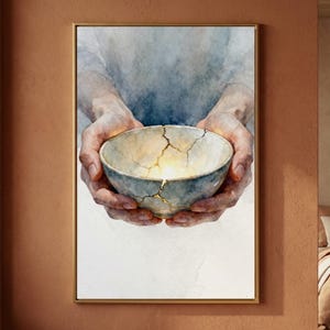 Tikkun Olam Kunstdruck, Aquarell-Kintsugi-Schale, Jüdische Wandkunst