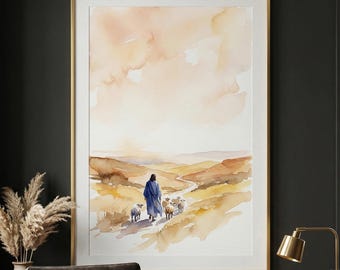 Good Shepherd Watercolor Print, Jesus with Sheep Art, John 10 Scripture