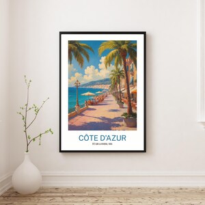 Póster de viaje vintage de la Costa Azul, impresión artística mediterránea de la Riviera Francesa de los años 50, decoración de pared turística retro, descarga digital