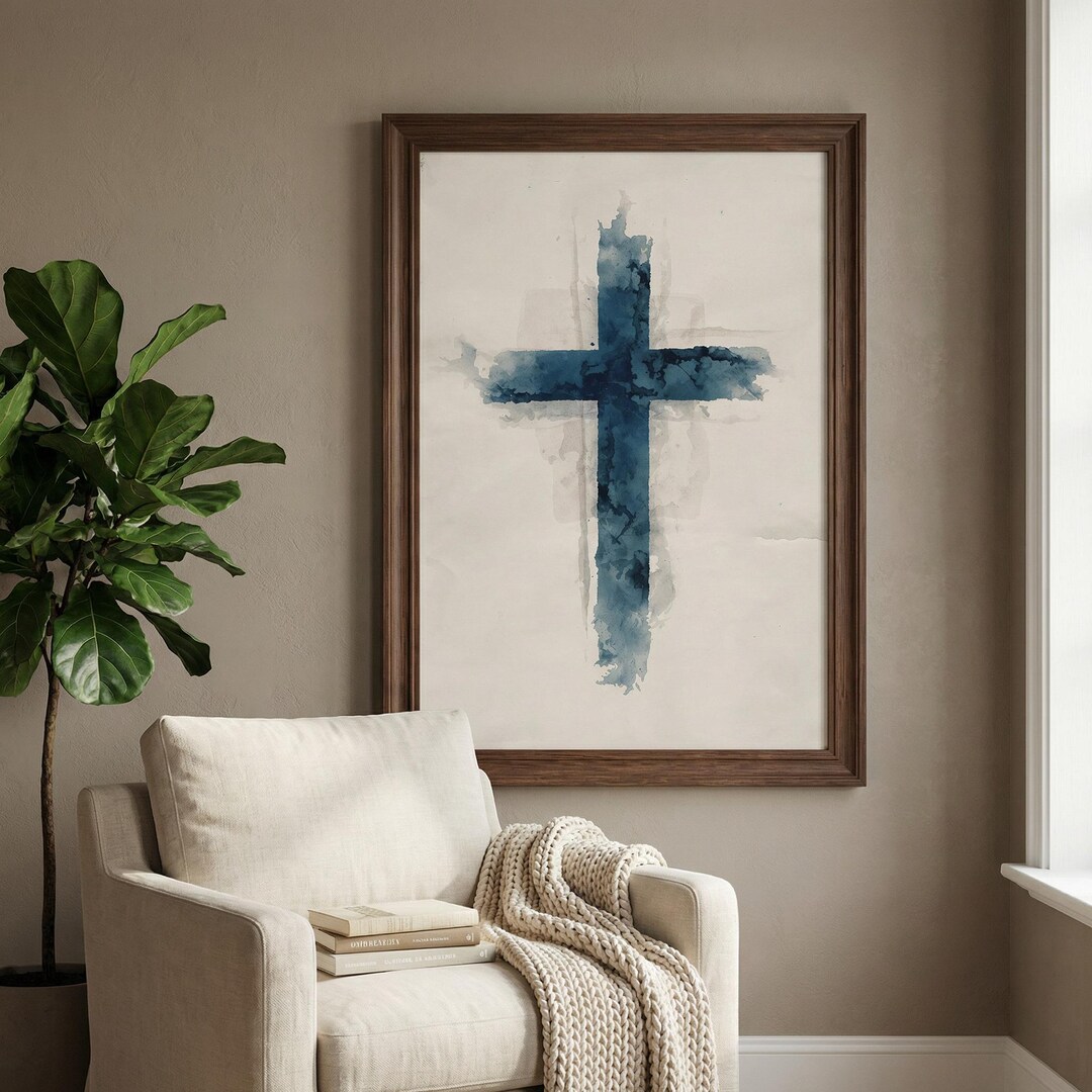 Christian Cross Minimalist Wall Art - Blue Watercolor Minimalist Faith ...