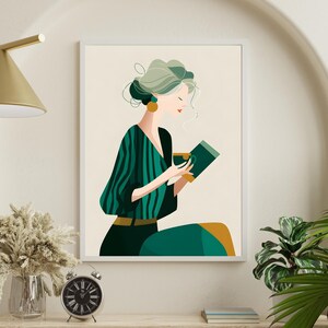 Modern Woman Reading Digital Art, Minimalist Wall Art Print, Cozy Book Lover Illustration, Green Beige Printable Home Decor