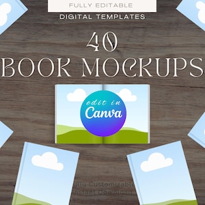 Può includere: Una presentazione di mockup di libri su una superficie di legno. L'immagine presenta diverse copertine di libri azzurri con illustrazioni di nuvole bianche. Il mockup del libro centrale presenta una scena paesaggistica e un cerchio blu e viola con il testo "edit in Canva". Il testo "40 BOOK MOCKUPS" è visualizzato.