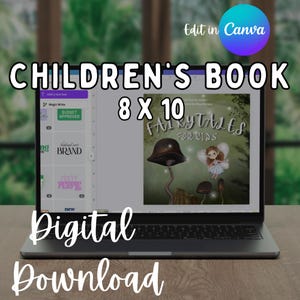 Peut inclure: Un ordinateur portable affiche la couverture d'un livre pour enfants intitulé "FAIRYTALES FOR KIDS". L'écran affiche également le texte "CHILDREN'S BOOK 8 X 10 DIGITAL DOWNLOAD". La couverture du livre présente une illustration de fée et de champignon.