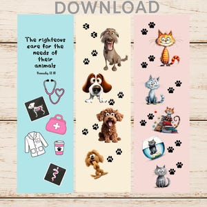 Könnte beinhalten: Digitaler Download mit drei vertikalen Lesezeichen. Ein Lesezeichen enthält den Text „Die gerechte Fürsorge für die Bedürfnisse ihrer Tiere“. Die anderen beiden Lesezeichen zeigen Illustrationen von Hunden bzw. Katzen mit Pfotenabdrücken.