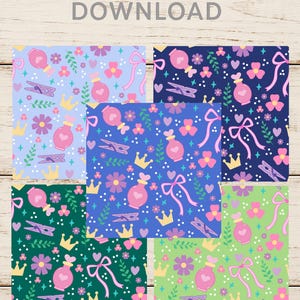 May include: Digital download featuring six colorful patterns with floral, crown, perfume bottle, and ribbon designs. The patterns are in shades of blue, green, and pink, with the text "DIGITAL DOWNLOAD" at the top.