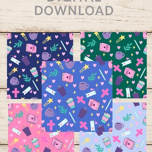 May include: Digital download featuring six colorful patterns with religious and coffee-themed illustrations. Each pattern includes crosses, coffee cups, stars, and Bibles. The text "DIGITAL DOWNLOAD" is at the top.