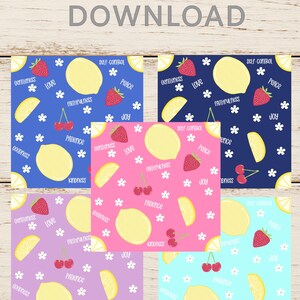 May include: Digital download featuring five colorful patterns. Each pattern has a different background color: blue, pink, purple, and light blue. The patterns include illustrations of lemons, strawberries, cherries, and flowers, with words like "love" and "joy".