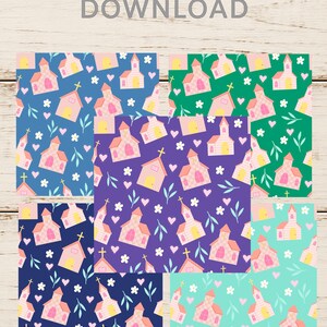 May include: Digital download featuring six colorful patterns with repeating church illustrations. Each pattern showcases a different background color, including blue, green, purple, and teal, with pink churches, white flowers, and hearts. The text "DIGITAL DOWNLOAD" is at the top.