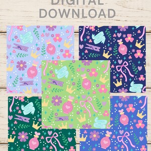 May include: Digital download featuring seven colorful patterns. Each pattern includes floral and heart motifs, crowns, ribbons, and perfume bottles. The patterns are in shades of blue, green, and pink, with the text "STRENGTH AND DIGNITY".