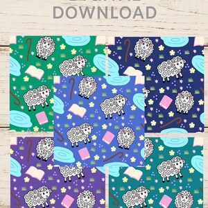 May include: Digital download featuring six colorful patterns with sheep, books, shepherd's crooks, and flowers. The patterns are on green, blue, and purple backgrounds. The text "DIGITAL DOWNLOAD" is at the top.