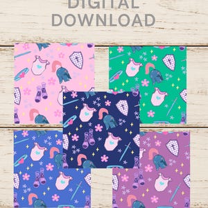 Puede incluir: Descarga digital con cinco patrones coloridos con ilustraciones temáticas de caballeros. Cada patrón incluye un casco de caballero, escudo, espada y otros elementos medievales. Los patrones están sobre fondos rosa, verde, azul, azul marino y morado.