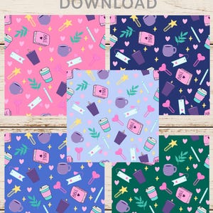 May include: Digital download featuring six colorful patterns. Each pattern includes hearts, coffee cups, pencils, stars, books, and other decorative elements. The patterns are in shades of pink, blue, and green, with the words "DIGITAL DOWNLOAD" at the top.