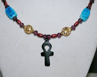 Blue Gold Red Black Egyptian Ankh Scarab Necklace Beaded Pendant