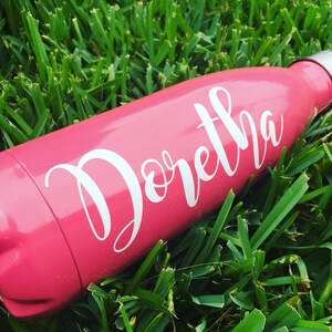 May include: Pink water bottle with a white vinyl sticker that says "Doretta" on it.