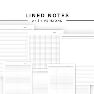 May include: A collection of white A4 lined note pages in various formats. The pages include horizontal lines, grid patterns, and vertical column layouts. The text "LINED NOTES" and "A4 | 7 VERSIONS" is displayed at the top. The Etsy shop name is at the bottom.