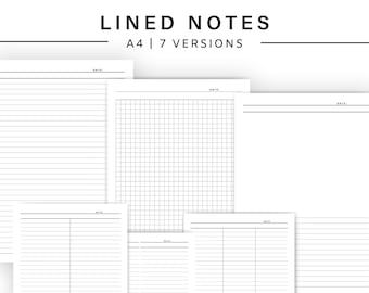 May include: A collection of white A4 lined note pages in various formats. The pages include horizontal lines, grid patterns, and vertical column layouts. The text "LINED NOTES" and "A4 | 7 VERSIONS" is displayed at the top. The Etsy shop name is at the bottom.