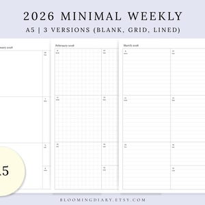 Peut inclure: Agenda hebdomadaire minimaliste A5 pour 2026, avec des versions vierges, quadrillées et lignées. La conception comprend des mises en page mensuelles avec les dates de janvier, février et mars 2026. Idéal pour l'organisation.