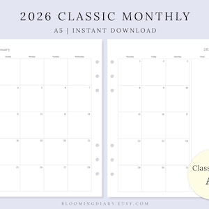 Könnte beinhalten: Doppelseite eines Monatsplaners für 2026. Die linke Seite zeigt den Januar mit einem Raster für jeden Tag. Die rechte Seite setzt den Monatskalender fort. Der Text "2026 CLASSIC MONTHLY" und "A5 | INSTANT DOWNLOAD" steht oben.