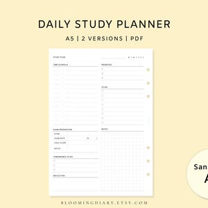 Planer nauki (2 wersje) | Planer przygotowawczy do egzaminu + szablon dziennej nauki | Plik PDF do druku A5 | Planer dla studentów szkół wyższych | Harmonogram godzinowy