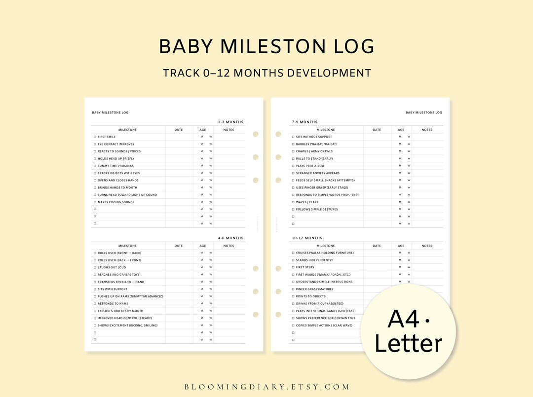 Baby Milestone Log Printable | 0–12 Month Development Tracker | A4, US ...
