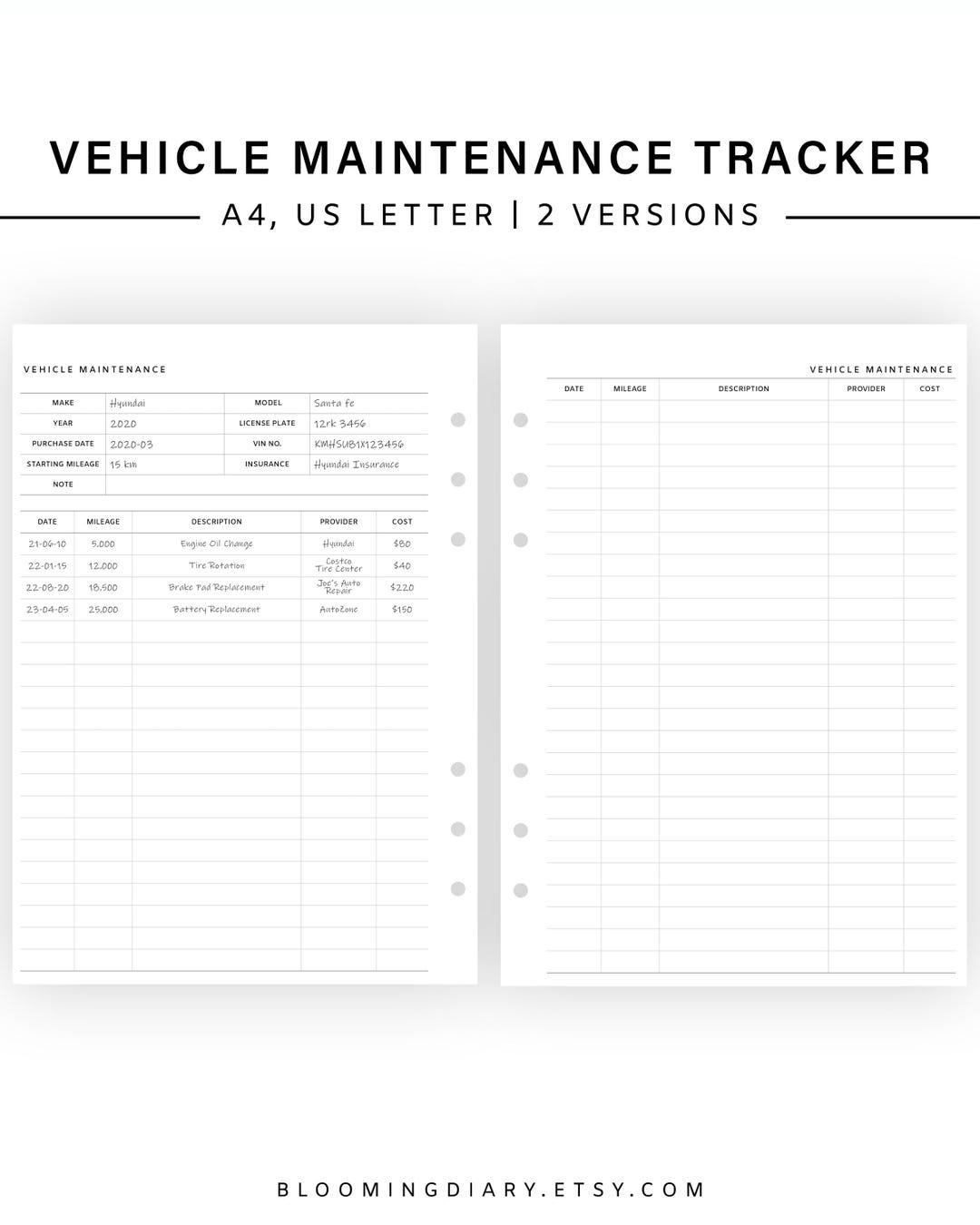 Car Maintenance Tracker | A4, Letter Size Vehicle Maintenance Tracker ...