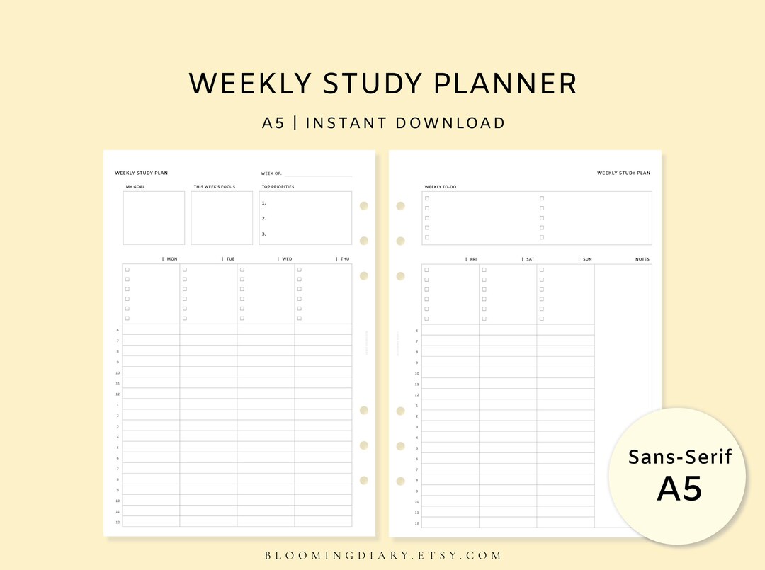 Weekly Study Planner | Study Schedule Template | Minimal A5 Printable ...