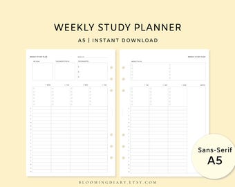 Weekly Study Planner | Study Schedule Template | Minimal A5 Printable | Student Planner | Goals, Priorities, To-Do List, Study Tracker