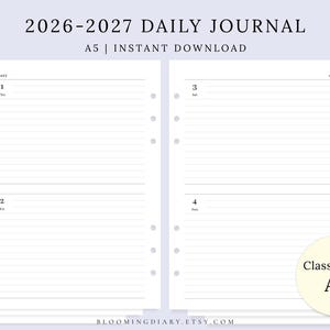 May include: A5 daily journal pages for 2026-2027, featuring white, lined paper with dates. The text "2026-2027 DAILY JOURNAL" and "A5 | INSTANT DOWNLOAD" are at the top. The journal has a "Classic Serif" design.