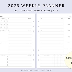 May include: A5 size 2026 weekly planner with a minimalist design. The planner features a calendar for January 2026, weekly layouts, and sections for notes and to-do lists. The text "2026 WEEKLY PLANNER" is at the top.