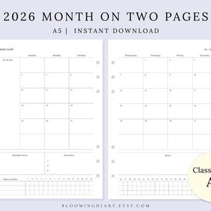 May include: A minimalist 2026 monthly calendar spread, featuring a to-do list, habit tracker, and notes section. The text "2026 MONTH ON TWO PAGES" and "A5 | INSTANT DOWNLOAD" are at the top. The calendar is A5 size.
