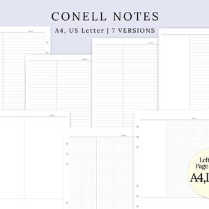 Könnte beinhalten: Eine Sammlung weißer, druckbarer Planerseiten mit verschiedenen Layouts, darunter linierte, karierte und leere Optionen. Die Seiten sind mit "A4, US Letter | 7 VERSIONS" beschriftet und enthalten den Text "CONELL NOTES". Das Design beinhaltet Optionen für linke und rechte Seitenversionen.